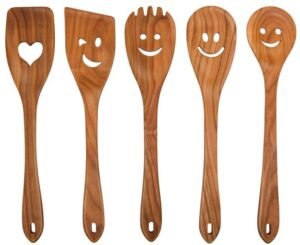 Pishon 5-Piece Wooden Cooking Spoons Set, Cherry Wood Kitchen Utensils with Decorative Patterns, Mixing and Serving Spurtles