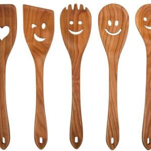 Pishon 5-Piece Wooden Cooking Spoons Set, Cherry Wood Kitchen Utensils with Decorative Patterns, Mixing and Serving Spurtles